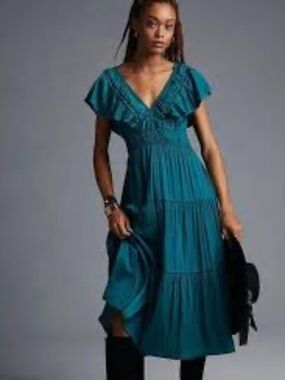 MELLODAY Ruffle Tiered Maxi Dress Teal Ruffle Sleeve Dress With Pockets